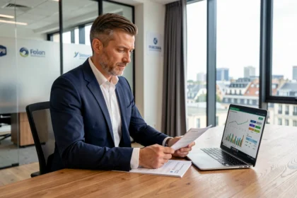 Conseiller financier analysant des documents SCPI dans un bureau moderne à Paris