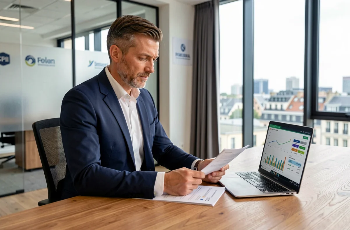 Conseiller financier analysant des documents SCPI dans un bureau moderne à Paris