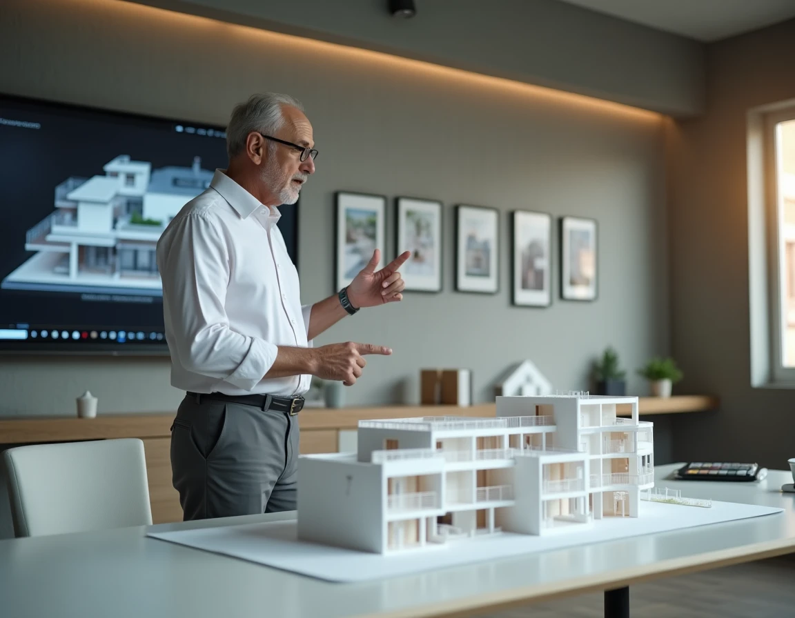 Conseiller immobilier présentant une maquette architecturale résidentielle dans un bureau moderne avec plans et photos de propriétés en arrière-plan