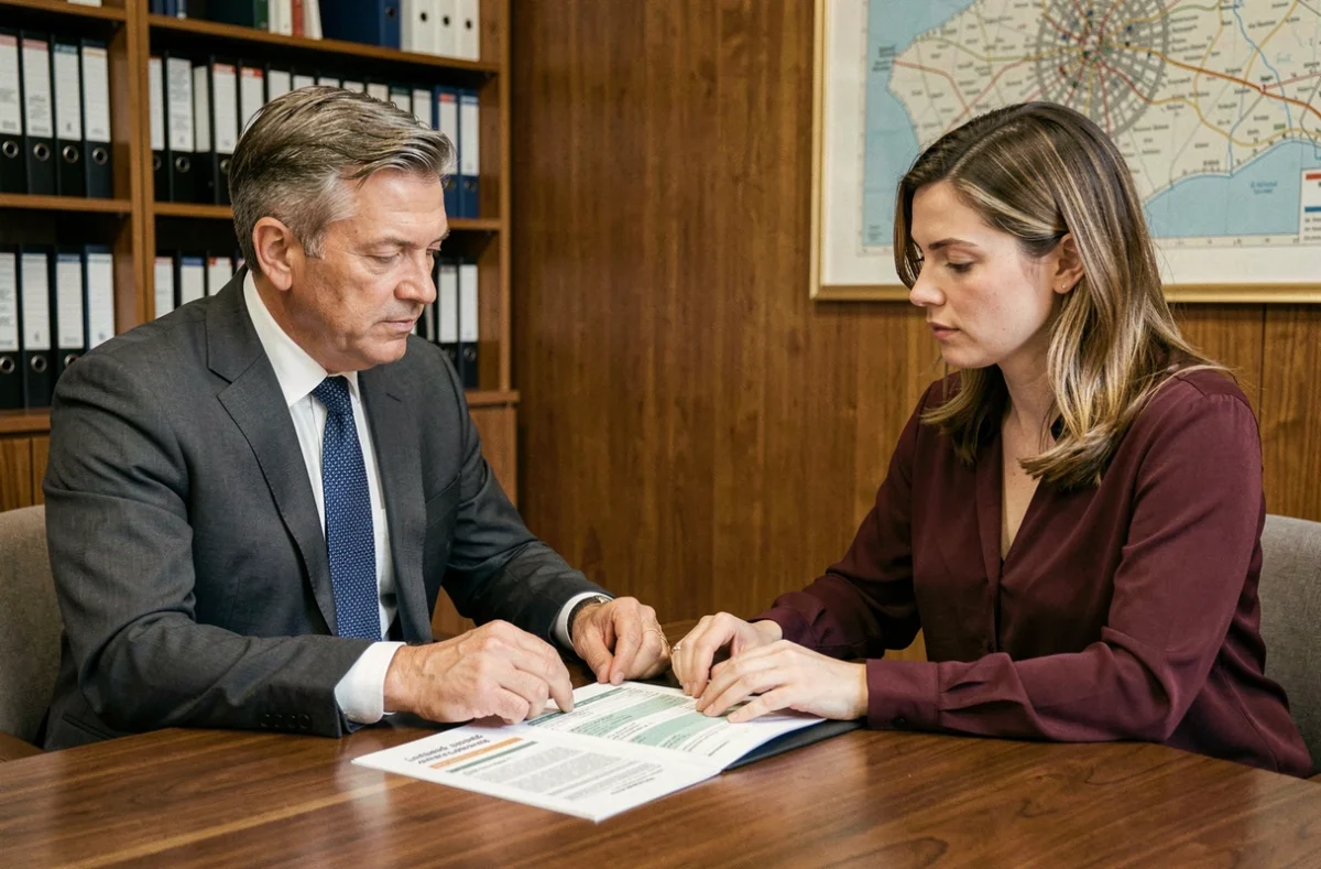 Conseiller financier et cliente étudiant un bulletin de salaire avec les cotisations sociales et le salaire net en France