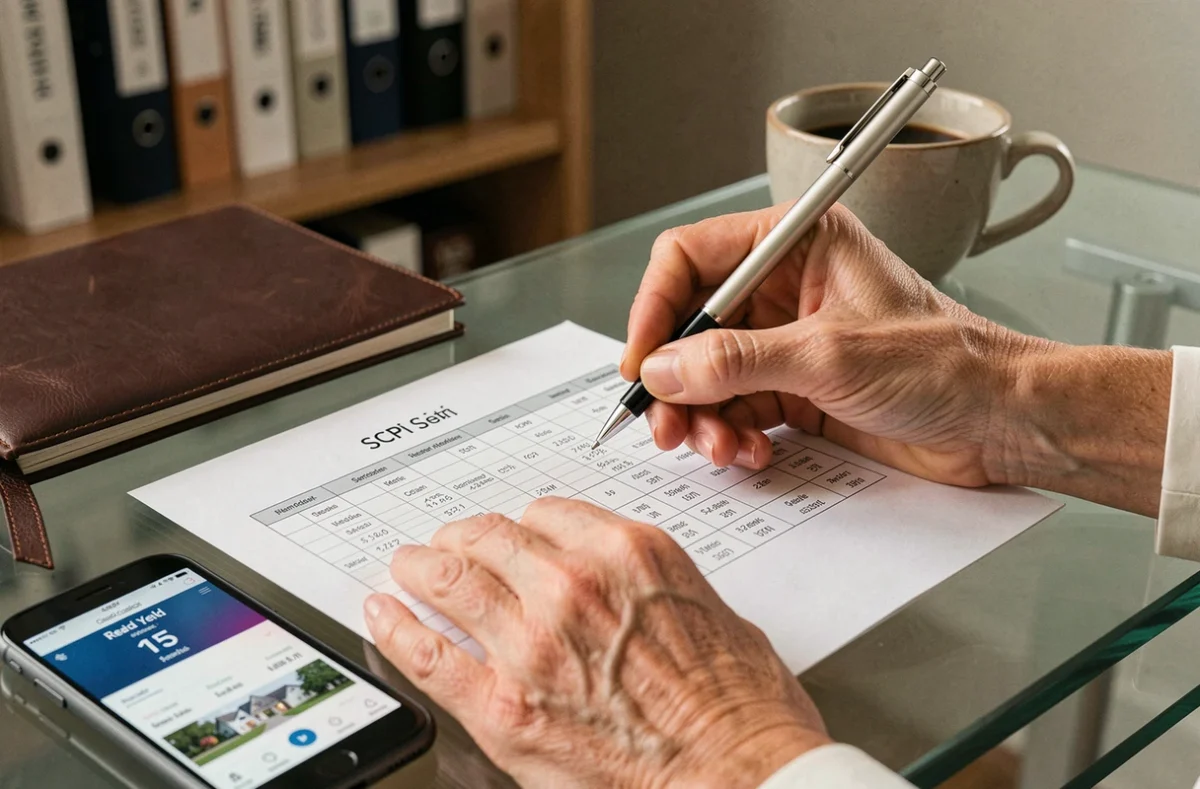 Détail des mains d'une conseillère annotant une grille de sélection de SCPI sur son bureau