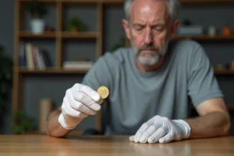 Collectionneur portant des gants blancs tenant une pièce rare de 50 centimes d'euro avec soin