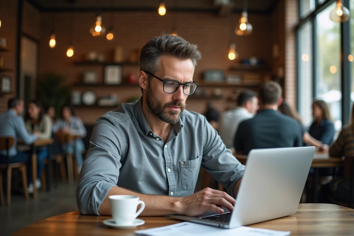 Homme consultant un portail d'actualités sur l'assurance sur son ordinateur portable dans un café urbain avec un rapport imprimé
