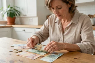 Femme examinant d'anciens billets en francs français et des euros sur une table en bois, illustration de la conversion francs en euros