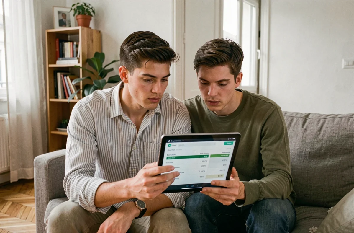 Couple consultant un simulateur de budget sur tablette pour évaluer leur niveau de vie avec 2300 euros net