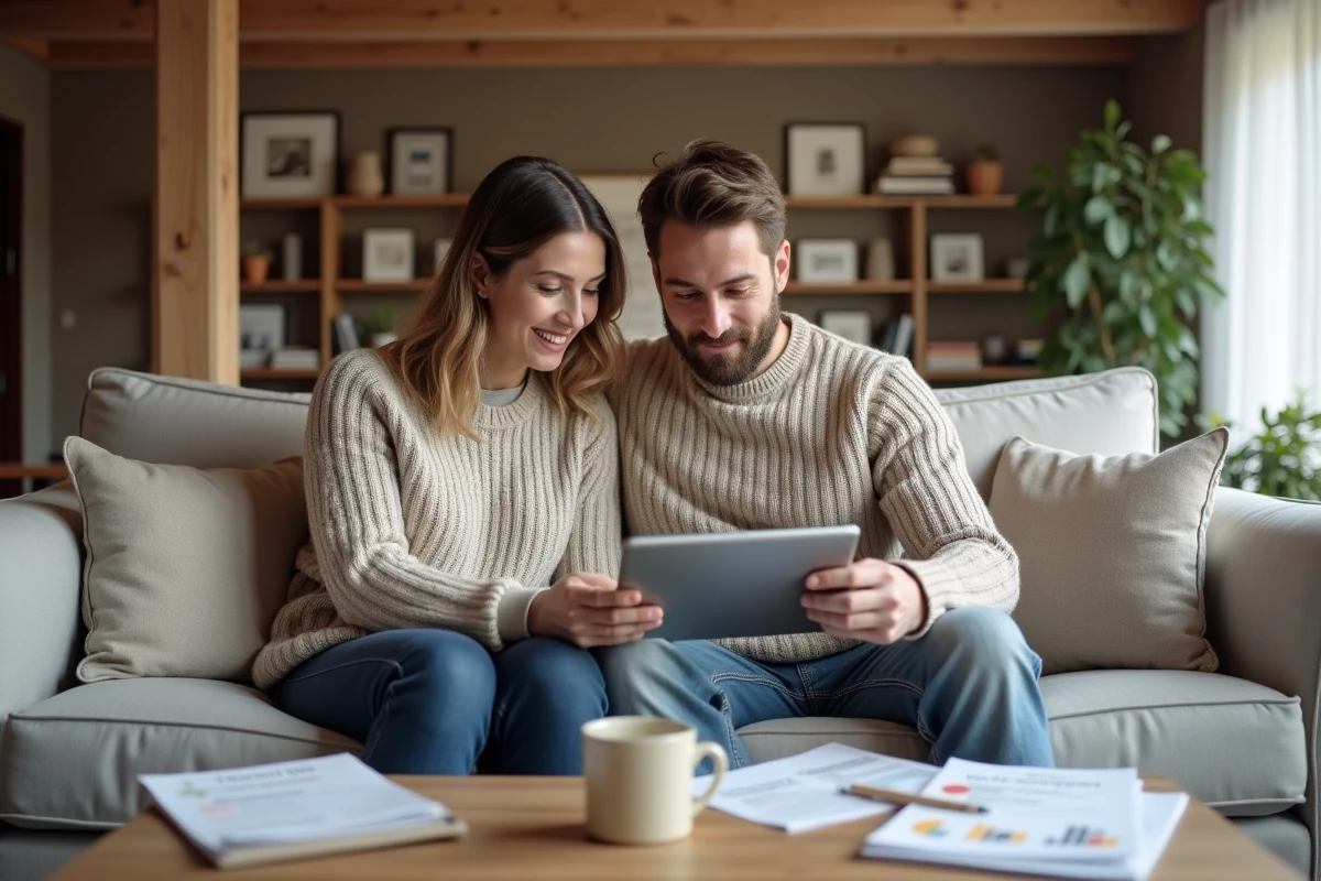 Couple comparant des offres d'assurance sur tablette dans leur salon, réduction des cotisations sans perte de couverture