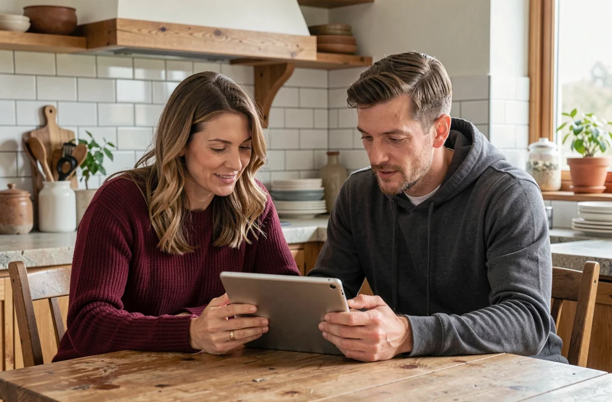 Couple consultant ensemble les opérations et soldes de leur compte CMB Bretagne sur une tablette
