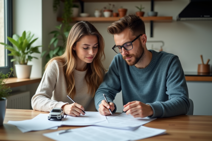 Jeune couple dans la cuisine examine contrats de location voiture