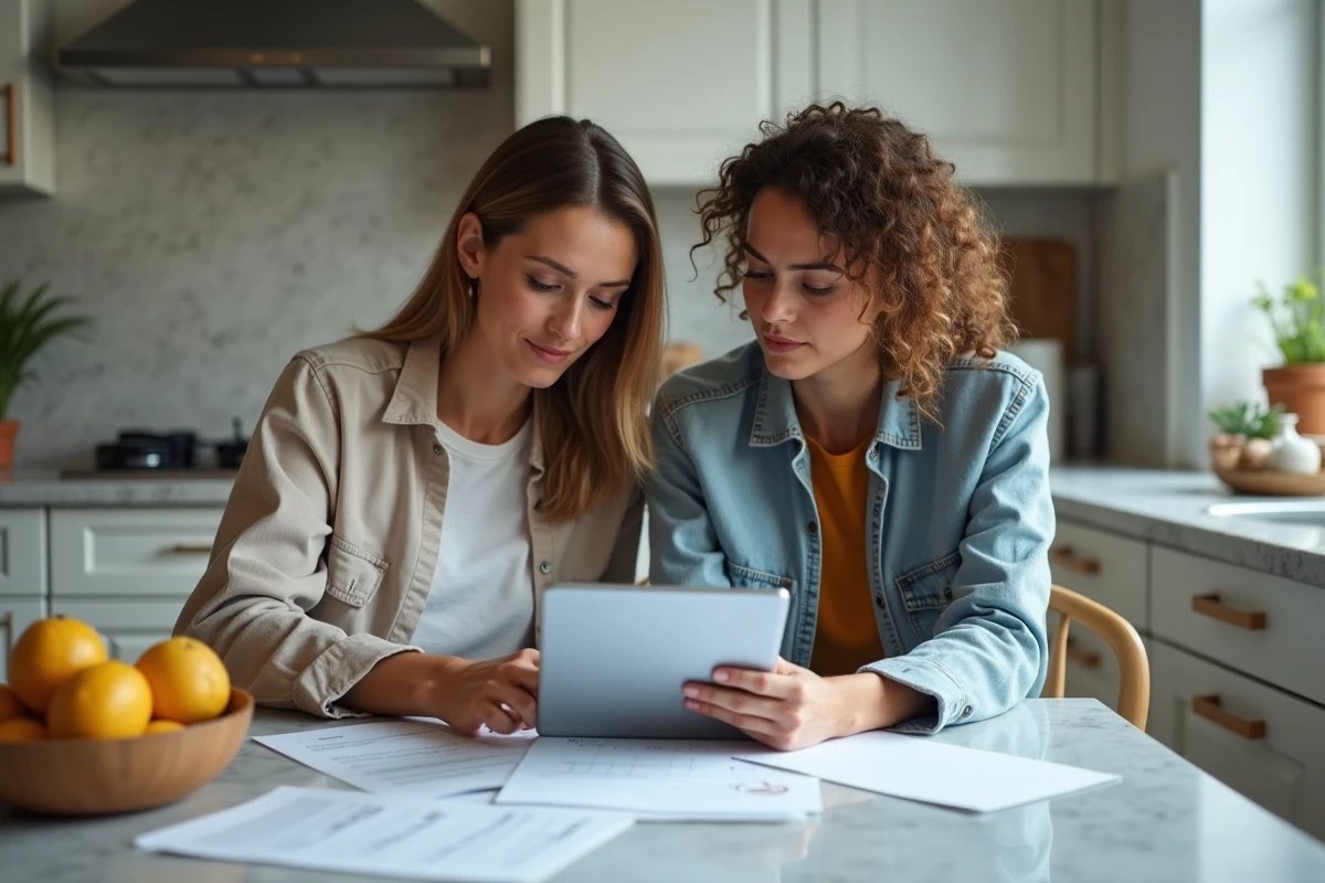 Couple examinant ensemble un devis d'assurance personnalisé sur tablette à la maison