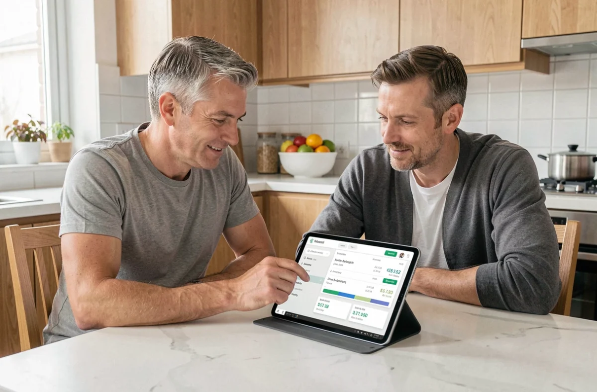 Couple gérant ensemble leur budget mensuel sur une tablette connectée à l'espace perso LCL dans leur cuisine