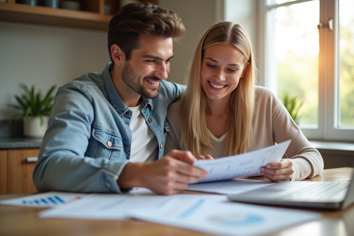 Jeune couple souriant organisant leurs documents financiers