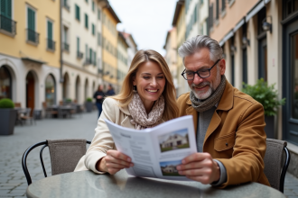 Couple souriant recherchant un bien immobilier au café