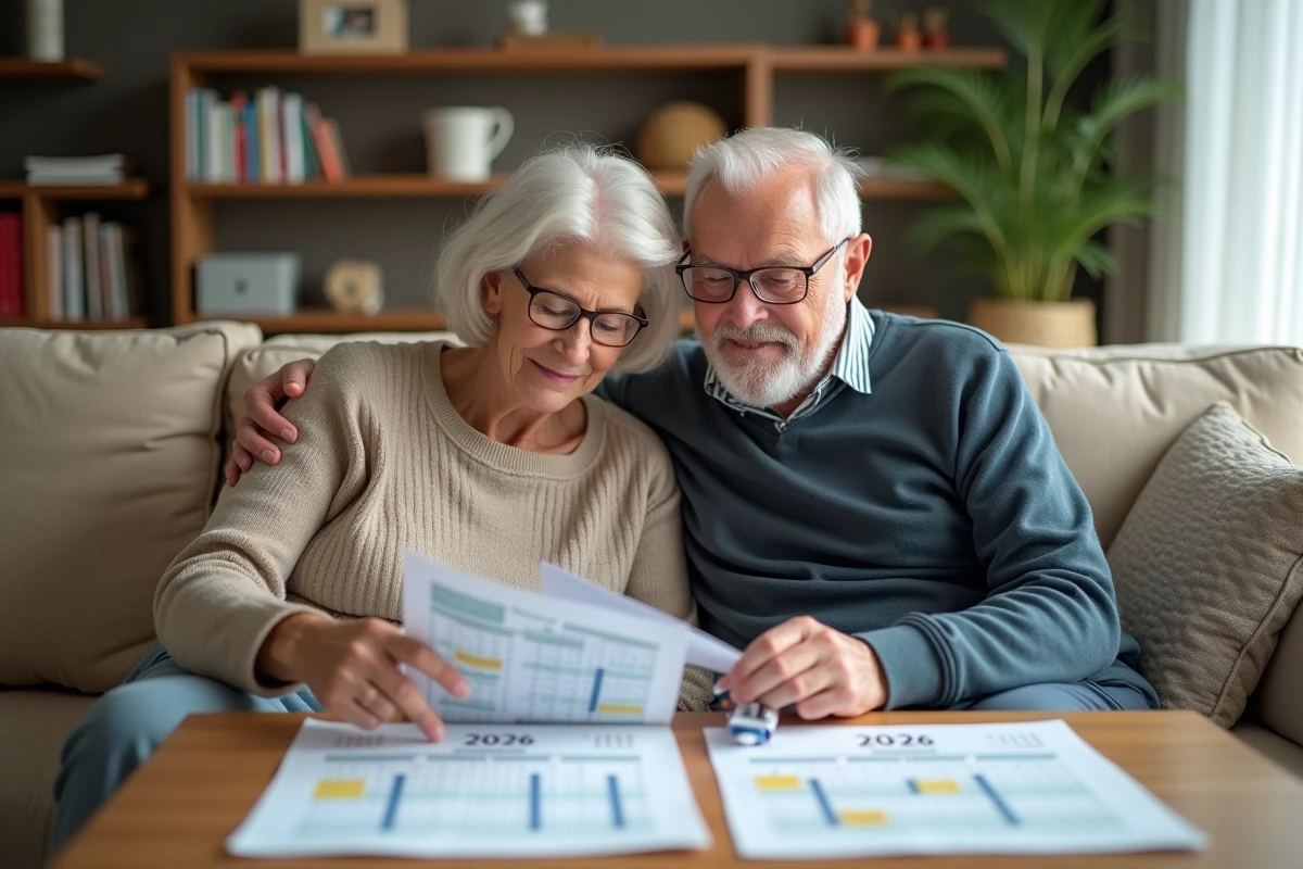 Couple de retraités examinant ensemble le calendrier des paiements retraite complémentaire 2026 dans leur salon