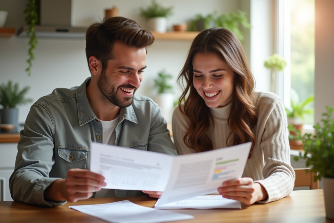 Jeune couple souriant à la cuisine avec documents financiers