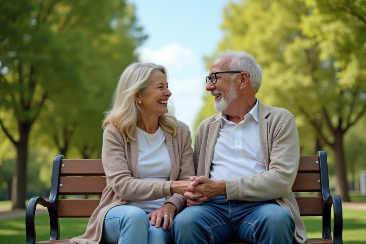 Couple senior souriant assis dans un parc ensoleille