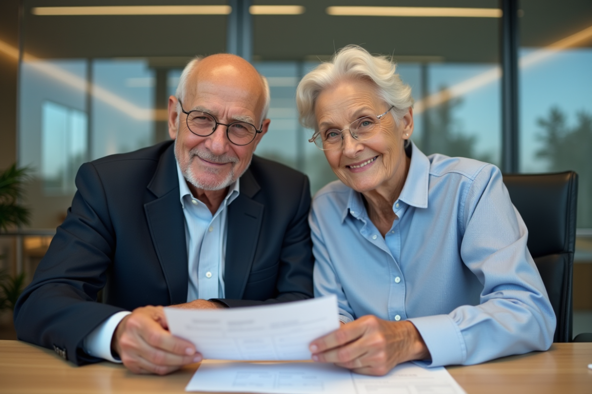 Couple senior en réunion bancaire dans un bureau moderne