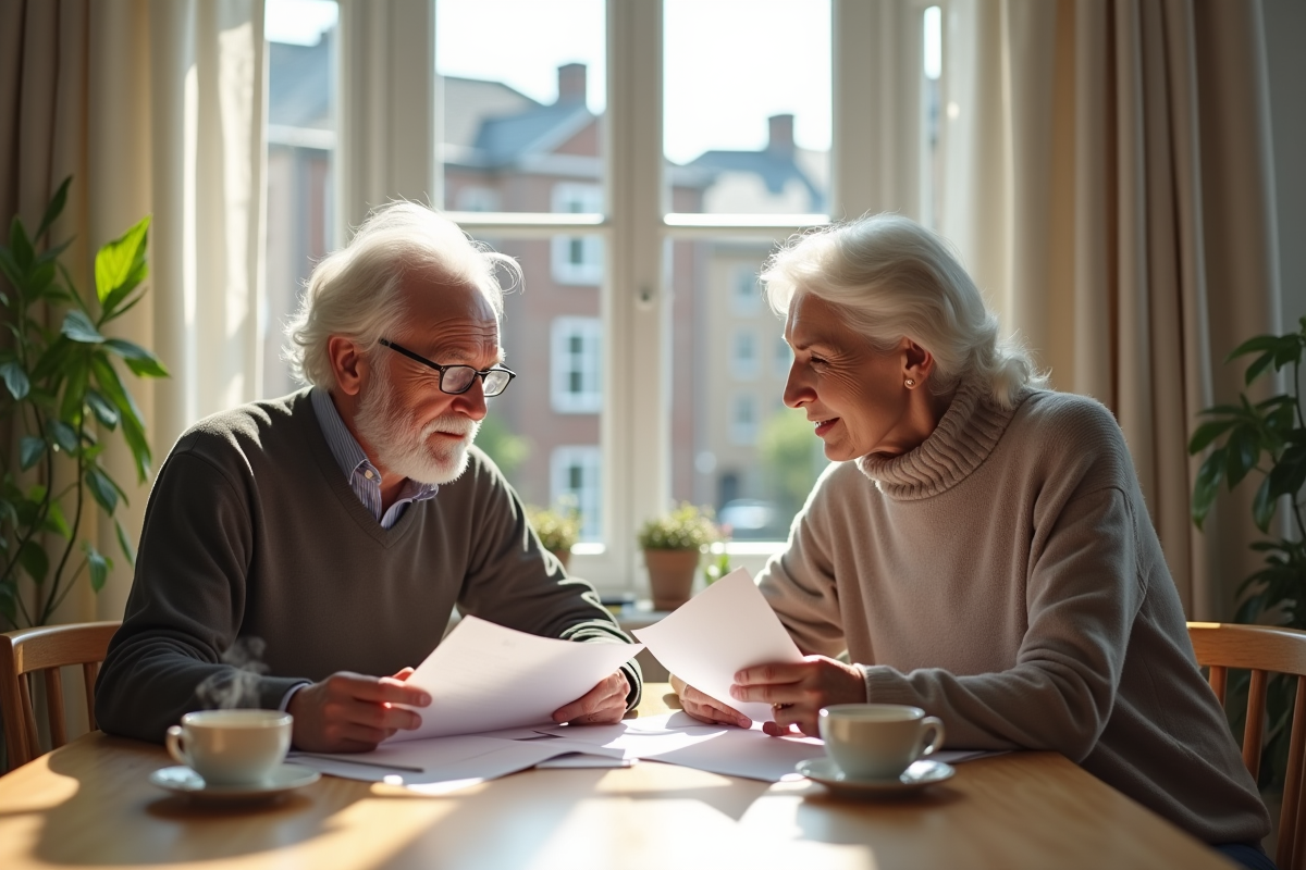 Couple britannique âgé examinant des papiers de retraite