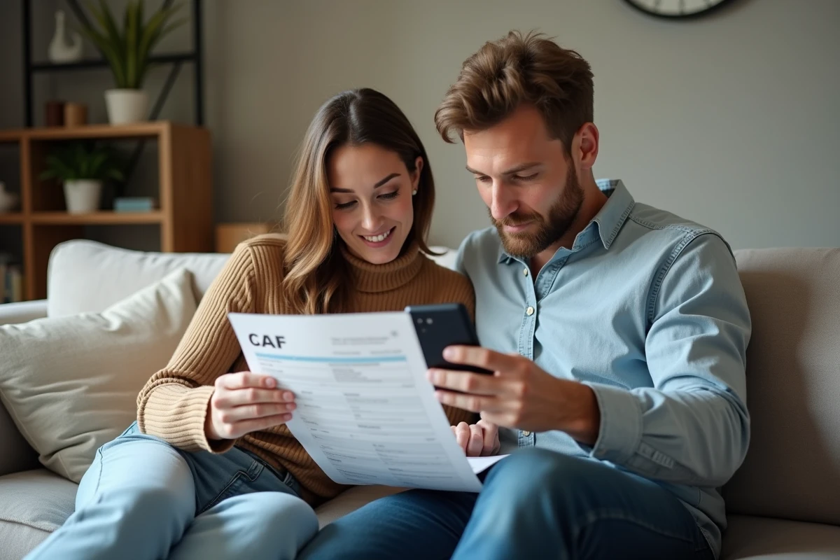 Couple vérifiant des documents CAF et utilisant un smartphone pour simuler le virement de 747 euros dans leur salon