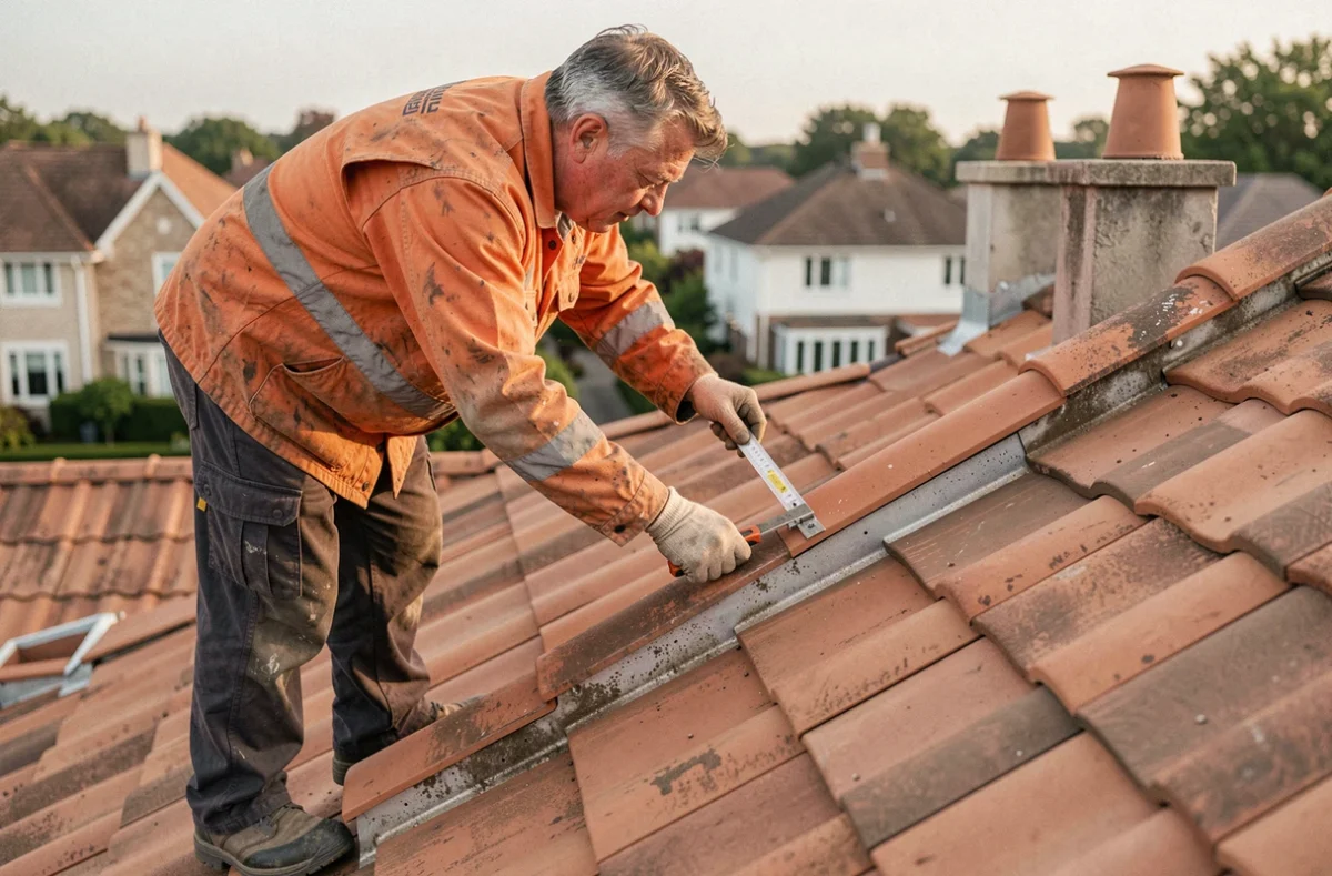Couvreur inspectant des tuiles sur une toiture résidentielle, travaux soumis à la garantie décennale dans la construction