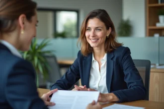 Femme consultant un conseiller bancaire au Crédit Agricole pour un dossier de crédit immobilier dans le Gers