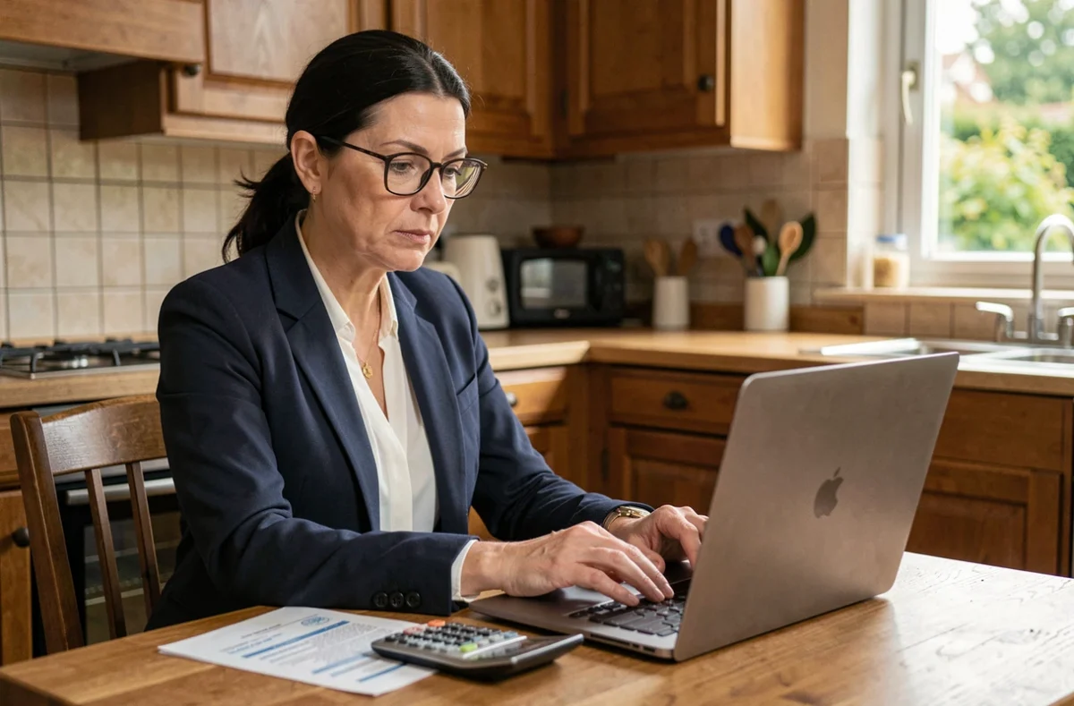Femme effectuant sa déclaration fiscale d'heures supplémentaires sur ordinateur à domicile