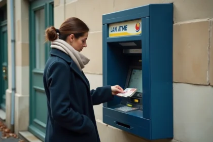 Femme déposant des espèces dans un distributeur automatique La Banque Postale en extérieur