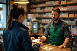 Femme déposant des espèces au comptoir d'un buraliste pour un dépôt Nickel