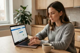 Femme se désabonnant d'un service en ligne sur son ordinateur portable dans une cuisine moderne