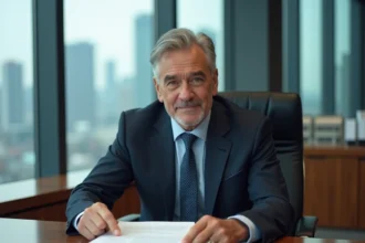 Dirigeant bancaire en costume marine assis dans une salle de conférence moderne avec vue sur une skyline urbaine, consultant des documents financiers