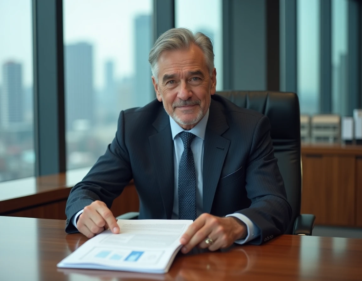 Dirigeant bancaire en costume marine assis dans une salle de conférence moderne avec vue sur une skyline urbaine, consultant des documents financiers