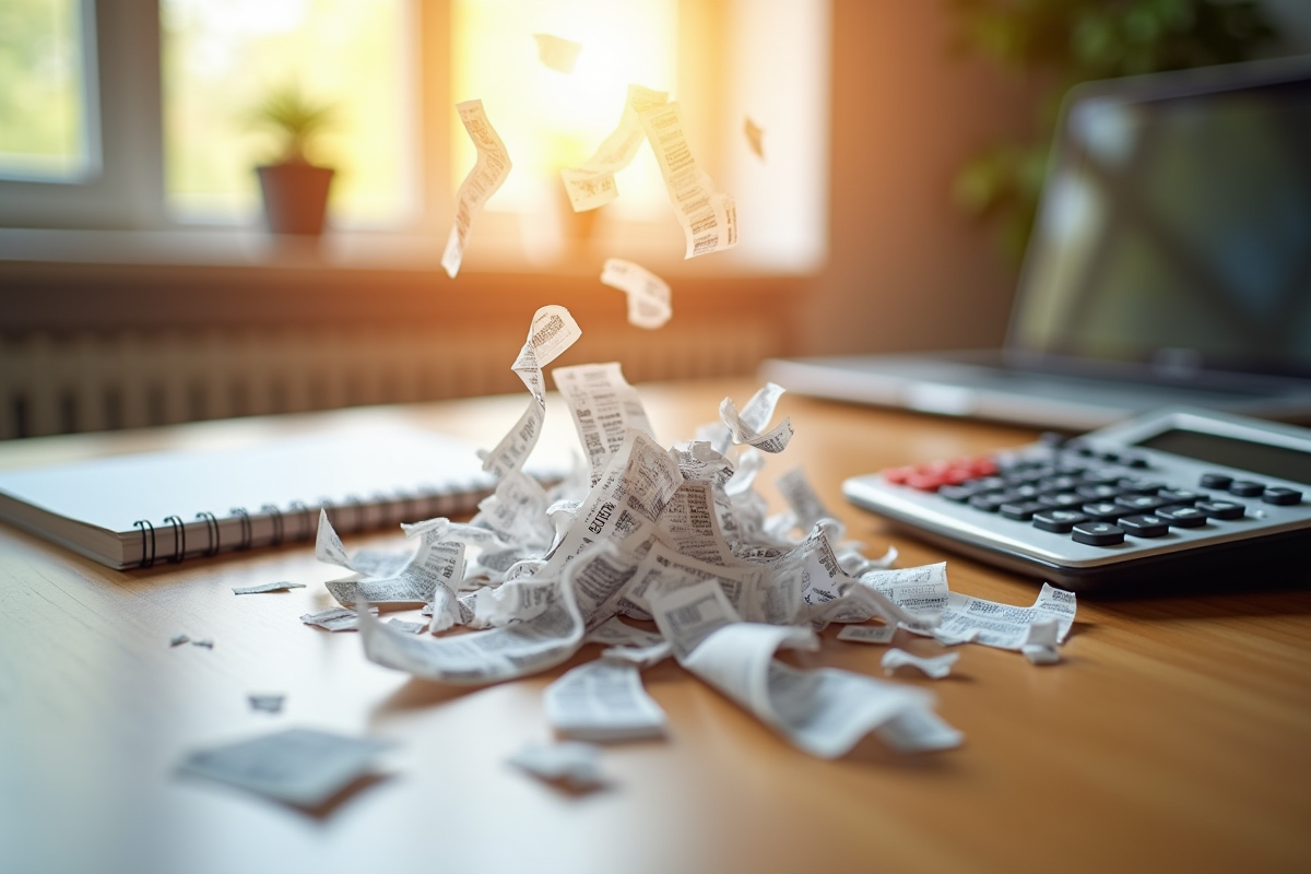 Documents financiers déchirés sur un bureau avec calculatrice