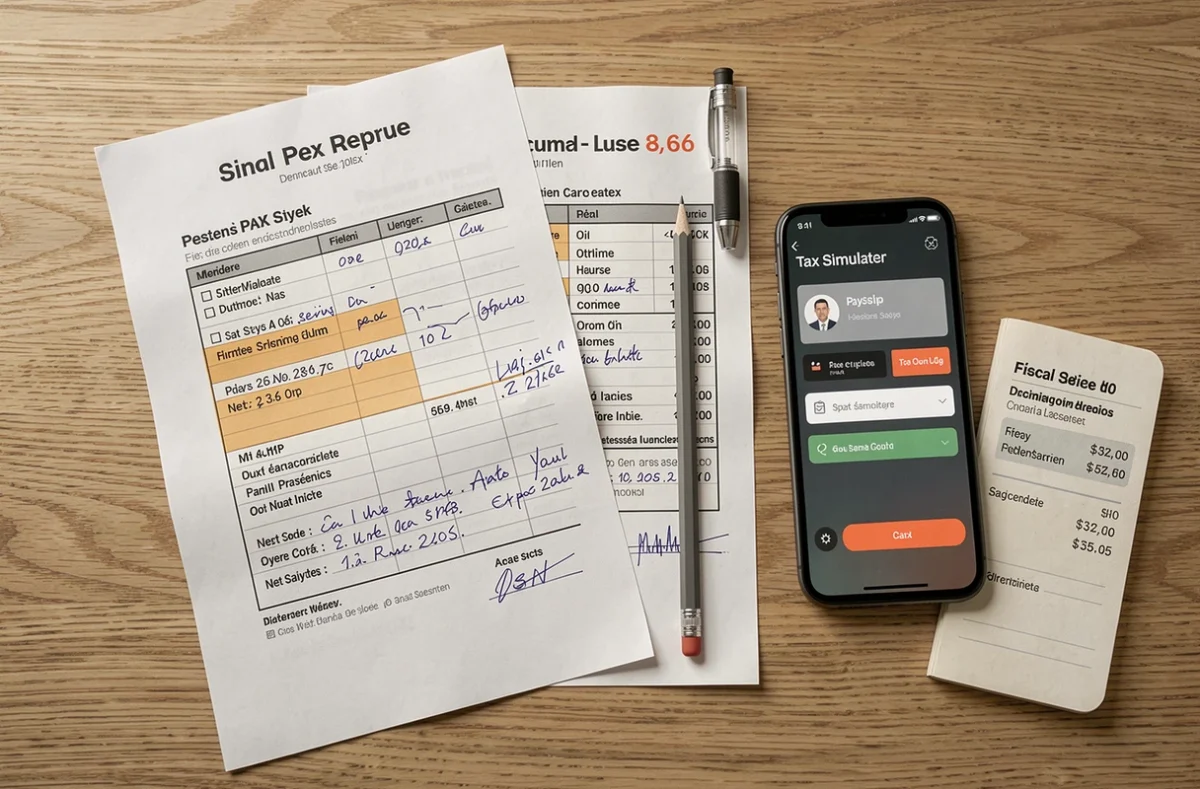 Vue aérienne de documents fiscaux et d'un simulateur d'impôt pour optimiser les heures supplémentaires