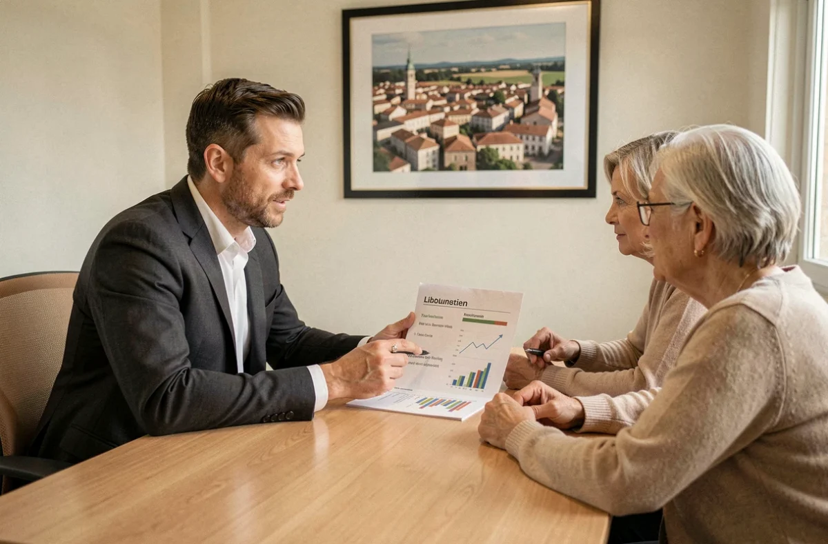 Conseiller de D.S.L à Libourne présentant un plan de défiscalisation à un couple de clients