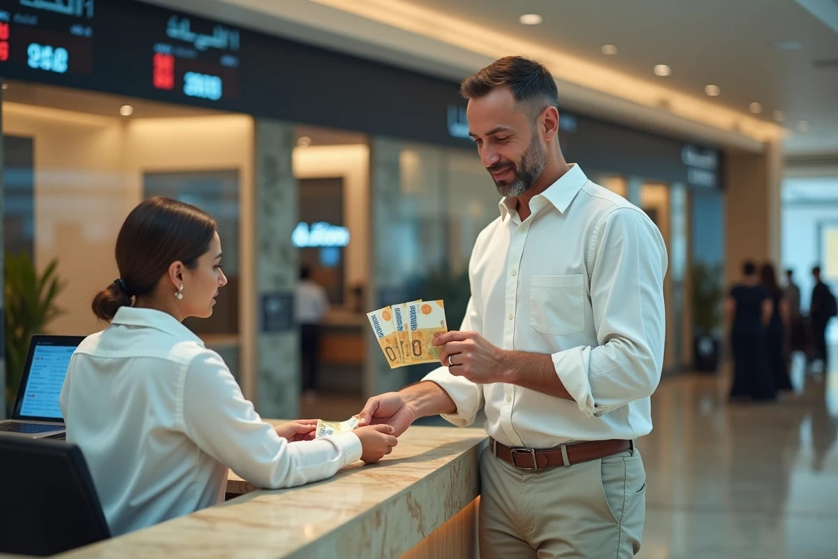 Un homme échangeant des euros contre des dirhams à un bureau de change dans un centre commercial de Dubaï