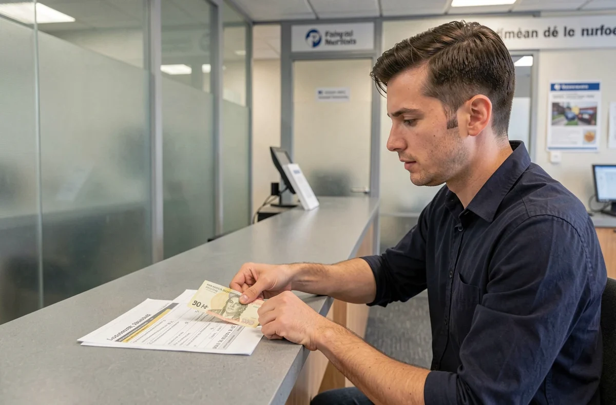 Homme déposant d'anciens billets en francs au guichet d'une banque française pour les convertir en euros