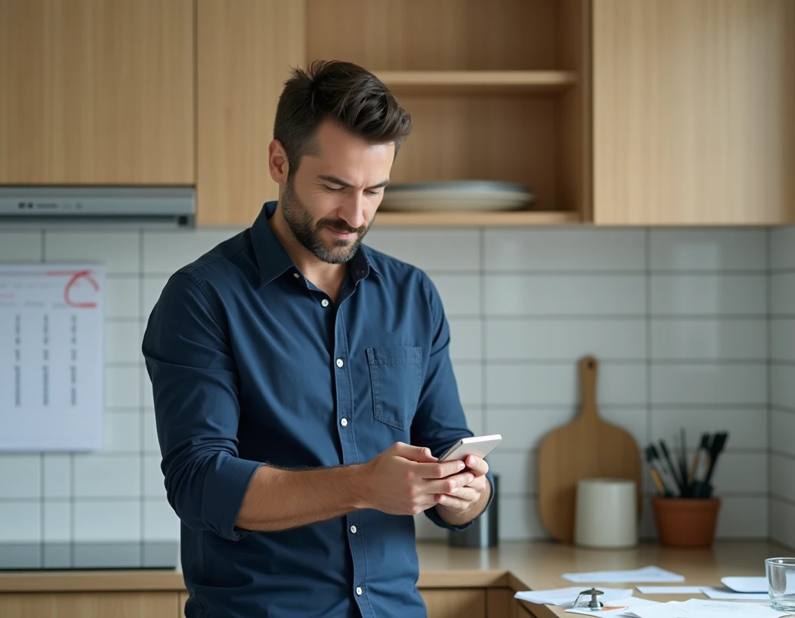 Enseignant consultant son application bancaire sur smartphone avec un calendrier mural indiquant les jours de virement du salaire