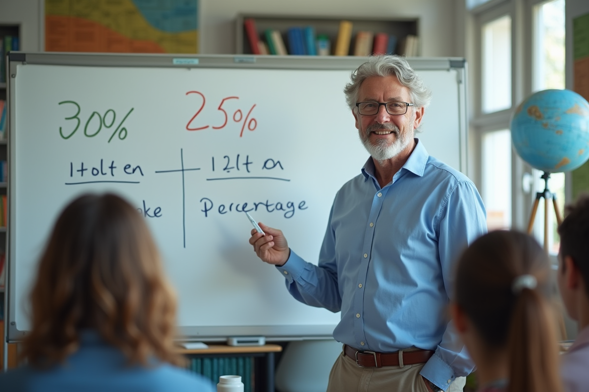 Homme enseignant expliquant pourcentage avec diagrammes en classe