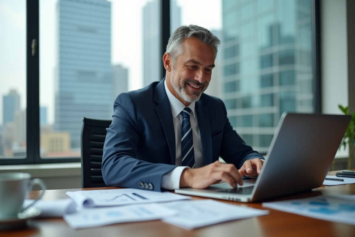 Homme d'affaires souriant analysant un tableau financier dans un bureau moderne