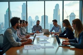 Groupe de jeunes professionnels en réunion dans un bureau moderne