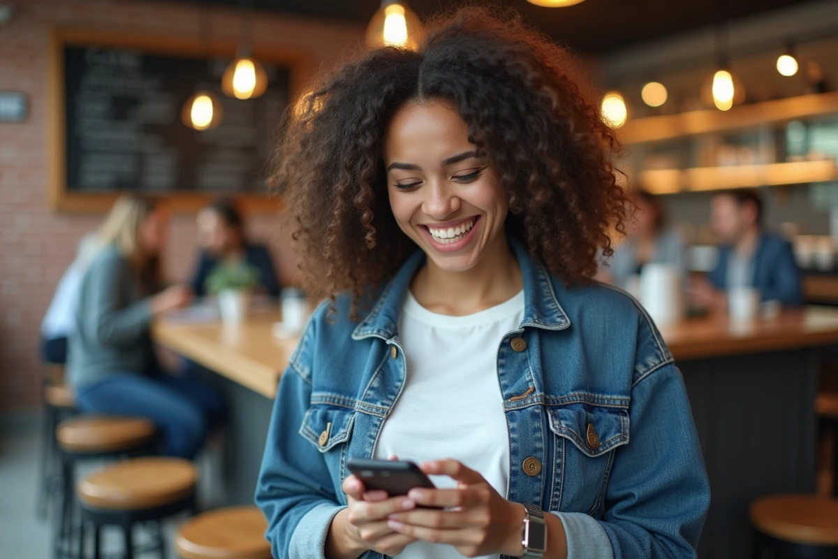 Étudiante consultant Le fil.com de Crédit Agricole sur son smartphone dans un café universitaire