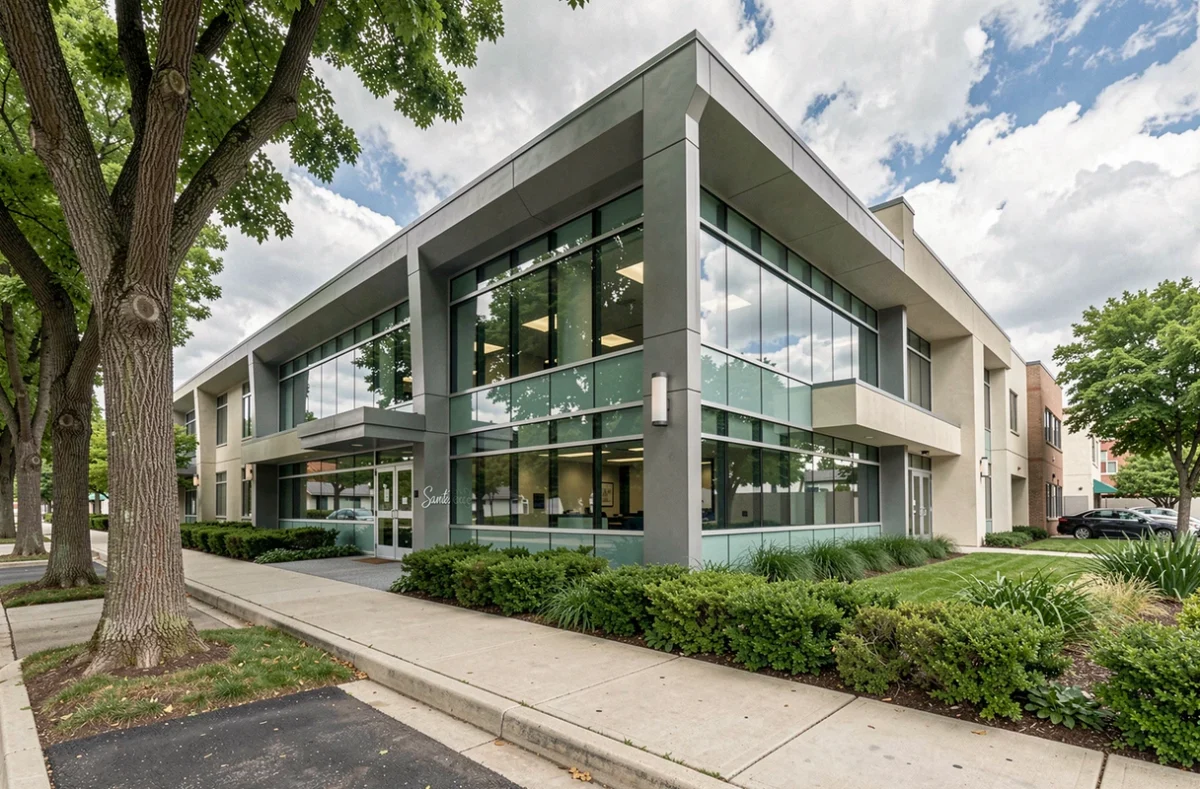Façade moderne d'une clinique médicale représentant un actif immobilier de SCPI santé