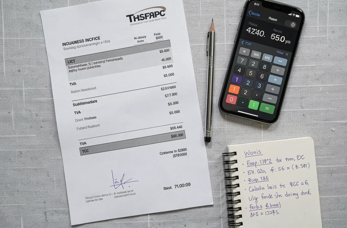 Vue aérienne d'une facture professionnelle avec montants HT et TTC, calculatrice et notes de comptabilité sur bureau