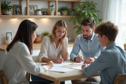 Famille réunie pour remplir des documents d'assurance à la maison