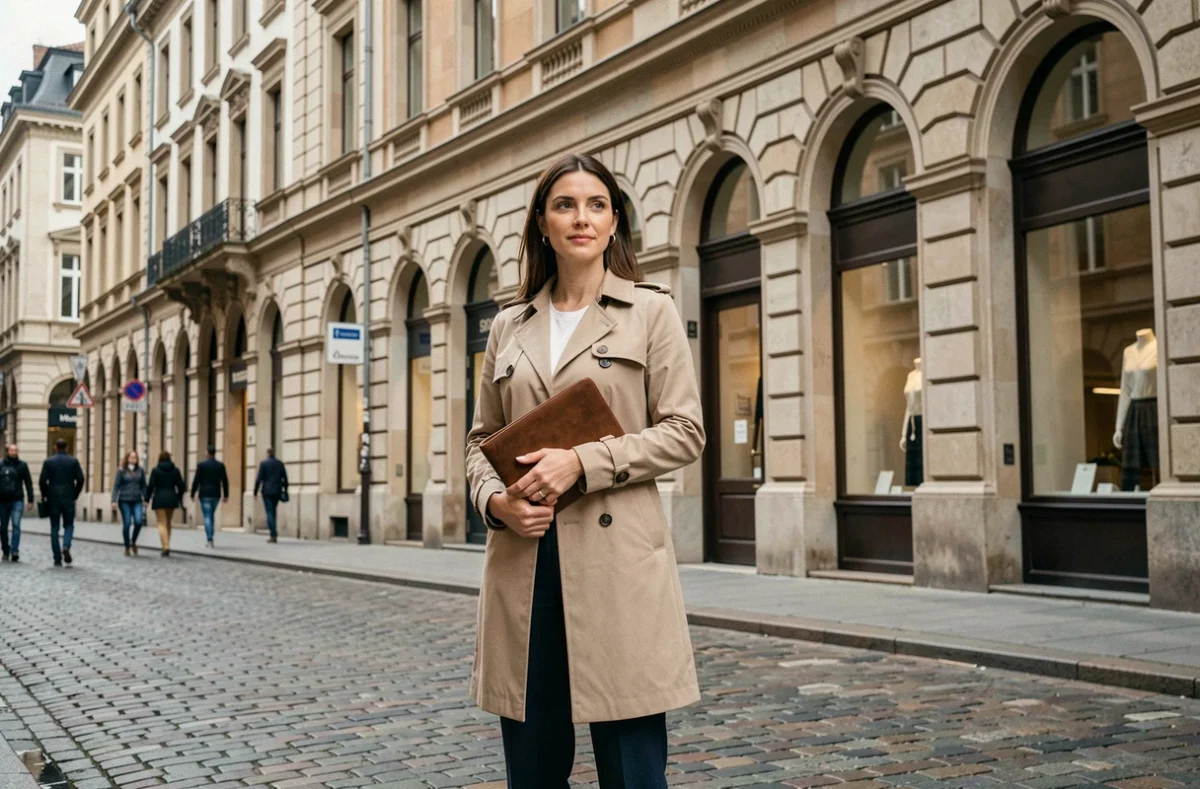 Femme d'affaires devant un immeuble commercial européen en pierre illustrant l'investissement immobilier SCPI à l'étranger