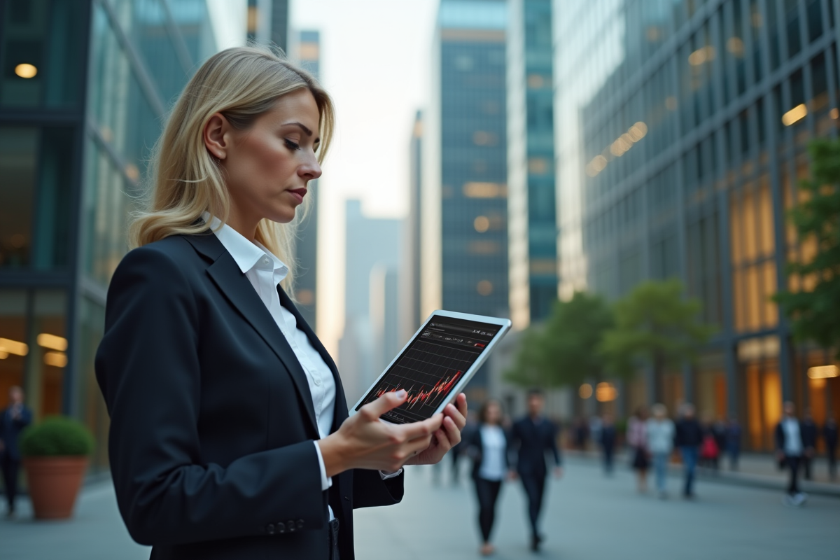 Femme d affaires regardant un graphique de cryptomonnaie sur sa tablette