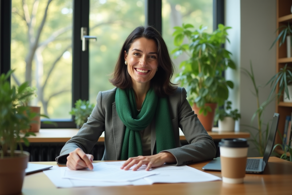 Femme souriante analysant des documents financiers dans un bureau moderne