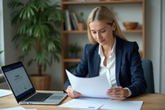 Femme professionnelle analysant un contrat d'abonnement bancaire Société Générale Progéliance Net à son bureau