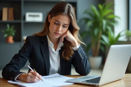 Femme d affaires concentrée au bureau avec documents d assurance