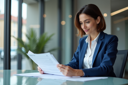 Femme d'affaires française en bureau examinant des documents d'assurance