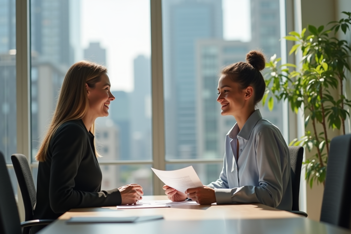 Femme professionnelle rencontrant un conseiller en assurance dans un bureau lumineux